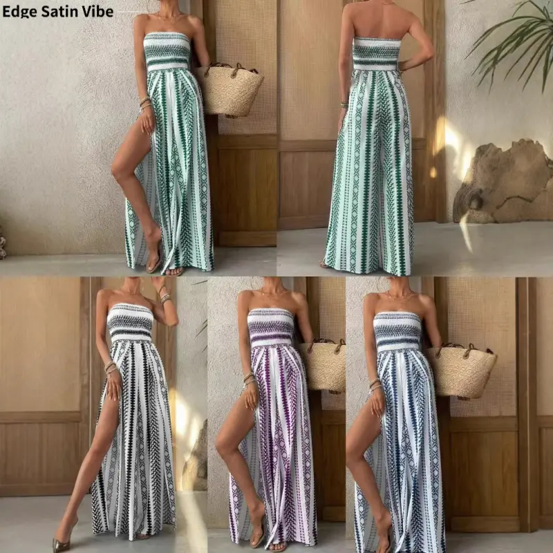 Women's Summer New Fashion Sleeveless Printed Trendy Strapless Slit Cutout Jumpsuit Set, Basic Look, Bare Neck, Overalls, Lazy Wind