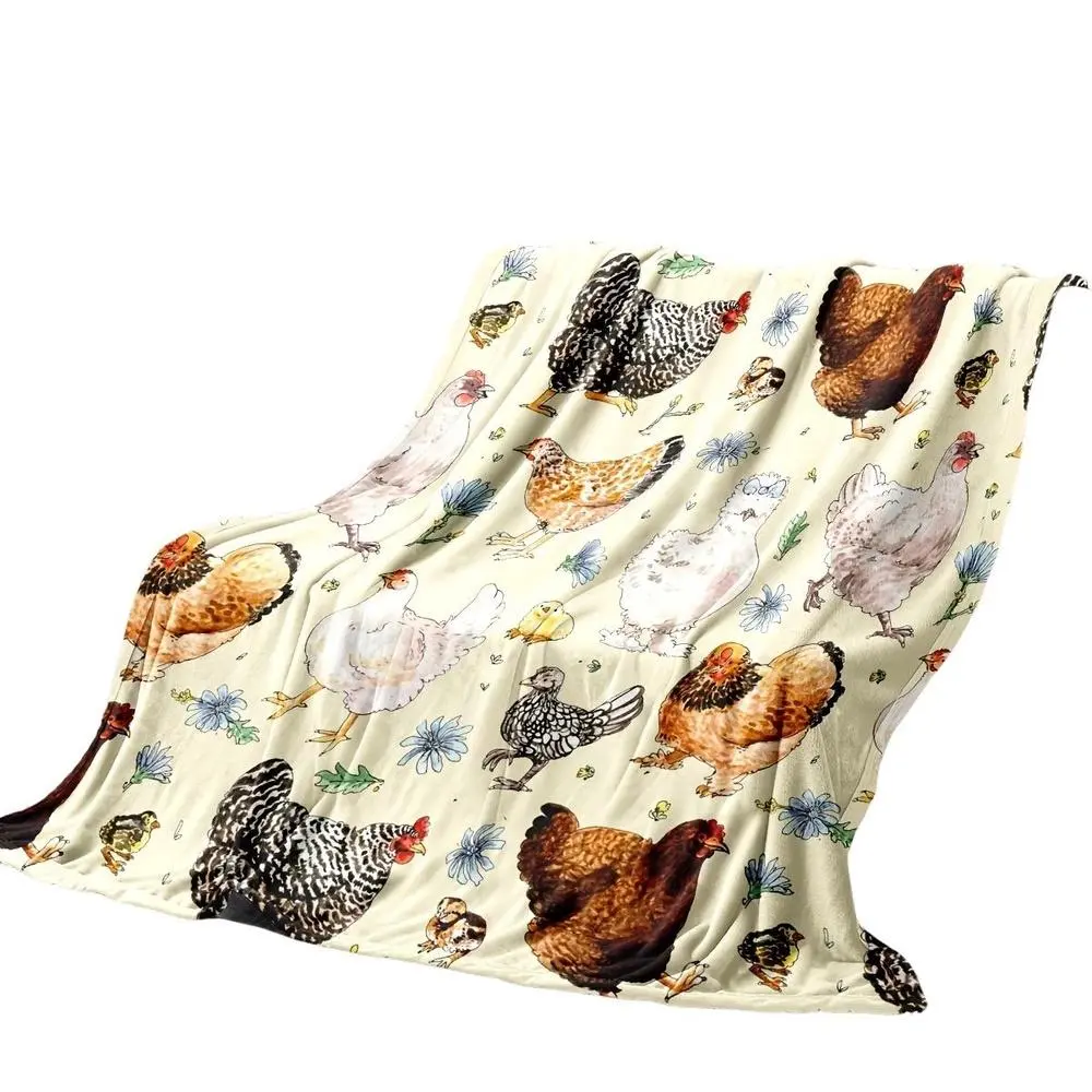 Chicken Design Flannel Blanket, Soft Warm Lightweight Throw with Zipper Closure, Modern Farmhouse Style, Ideal for Sofa Bed Office Camping