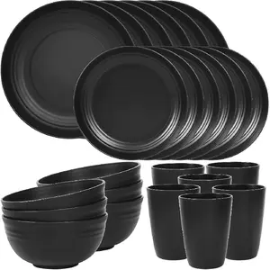 24 Piece Plates and Bowls Sets for 6, Unbreakable Dinnerware Sets, Dish Set for Camping, Dishwasher Microwave Safe, Outdoor Kitchen and Apartment Dinning RV Essentials, Black