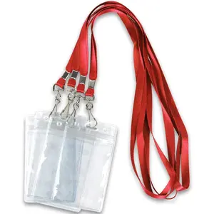 Lanyards with ID Badge Holder Name Tags Card Labels Lanyard String  Custom Necklace J Hooks Clip 50Pack Clear Plastic  ID Badge Nametags annd 50 Pack Lanyards (Red, 50Pack/Vertical)