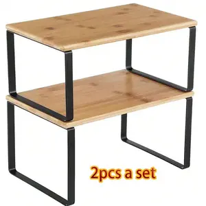 Cabinet Organizer Shelf, Set Of 2 Kitchen Counter Shelves, Kitchen Storage, Spice Rack, Stackable, Expandable, Metal And Engineered Wood, Ink Black And Natural Beige Burlywood