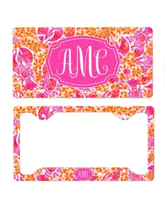 Monogram Floral Lobster License Plate & Frame Set – Custom Pink & Orange Car Accessory