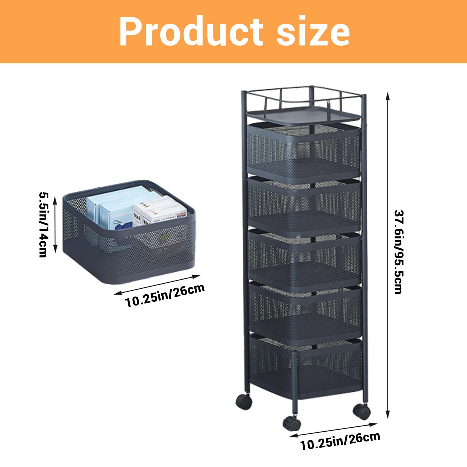 5/6 Tier Rotating Metal Mesh Storage Cart, Rolling Kitchen Organizer with Lockable Wheels, Space-Saving Multi-Tier Shelf for Pantry Bathroom Living Room