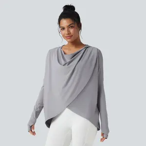 Halara Hooded Cowl Neck Long Sleeve Thumb Hole Yoga Sports Top with Pockets