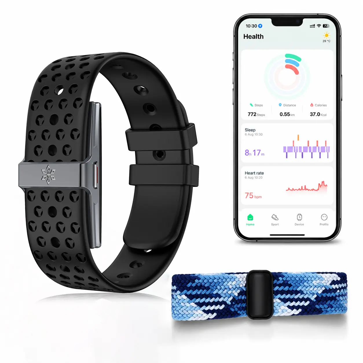 Screen-Free Fitness Tracker for Men and Women, 24/7 Heart Rate SpO2 Sleep Stress Monitor, IP68 Waterproof, 100+ Sport Modes, No Subscription Fees, Step Calorie Counter, Magnetic Charging, 2 Bands, Compatible with Most iOS and Android, Wearable, Gifts