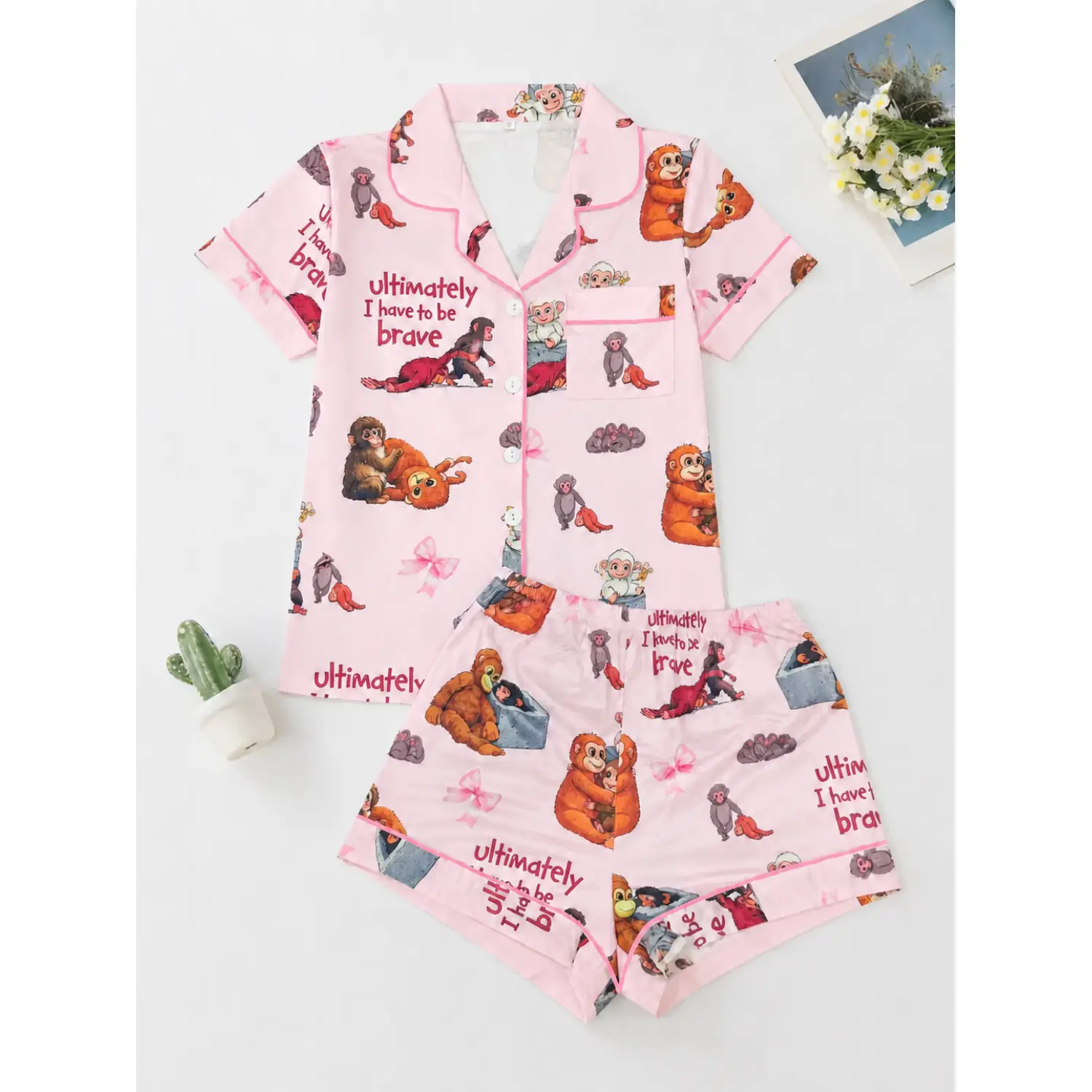 Women's Cute Monkey Print Pajama Set, Soft and Silky Fabric, Comfy Loose Fit, Butterfly Design, Short Sleeve Top & Shorts