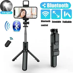 Remote Selfie Stick Tripod Phone Desktop Stand for iPhone Samsung US Bluetooth Control Extendable Foldable Compact Holder with Fill Light