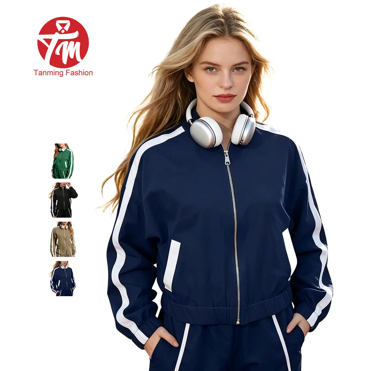 Tanming women's lightweight zip-front track jacket — casual long-sleeve striped athletic bomber, versatile for spring gym wear and everyday sporty outerwear; zip-front jacket, summer wins