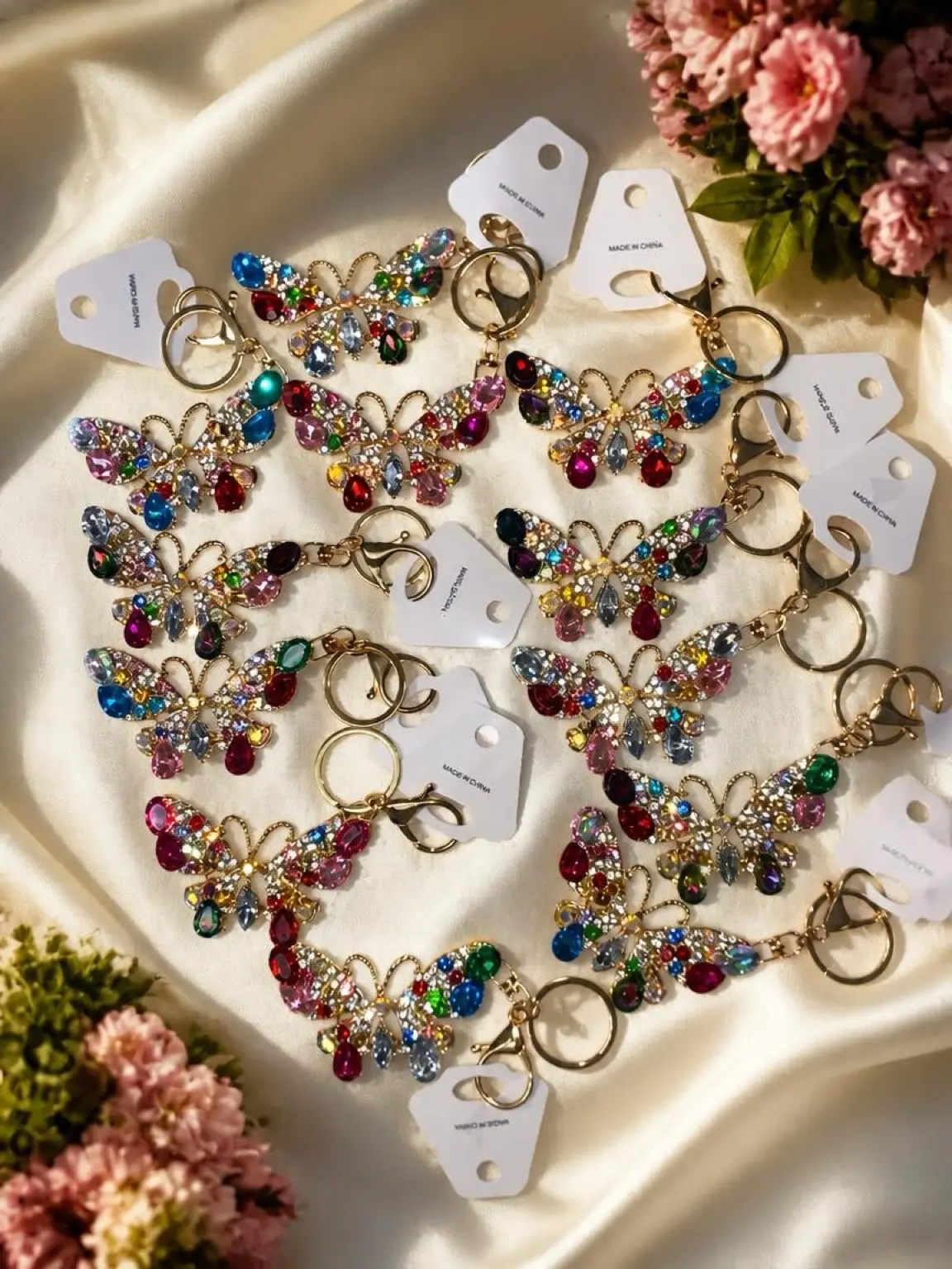 Elegant Butterfly Keychains with Multicolor Rhinestones and Gold Tone Clasp for Stylish Accessories
