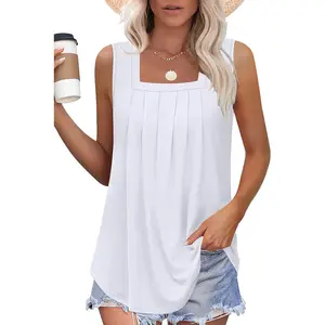 Summer Tank Tops for Women Loose Fit Pleated Square Neck Sleeveless Tops