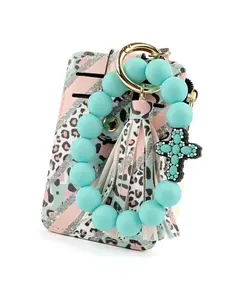 Leopard Print Card Holder Wallet, Beaded Wristlet Keychain, Pastel Mint Stripe PU Leather, Tassel, Christian Cross Charm