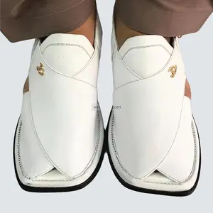 White Leather Peshawari Chappal: Traditional Kaptaan Sandal