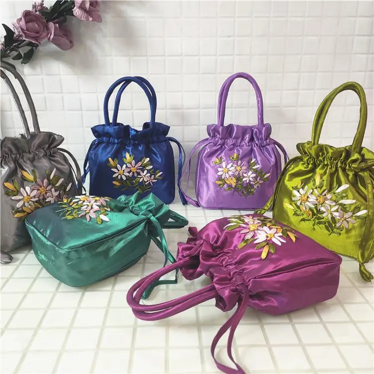 Women Bucket Bag Top Handle Ladies Handbag Phone Bag Summer Small Purse National Style Embroidered Flower Pattern Drawstring Bag