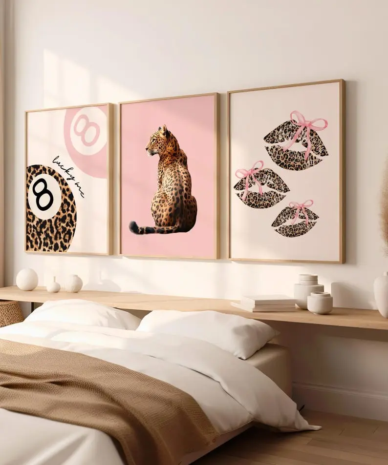 Pink Set of 3 Leopard Wall Art Coquette Cheetah Kiss Print 8 Ball Lucky Trendy Animal Print Poster Girly Preppy Home Decor