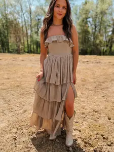 Strapless Ruffle Maxi Dress | Taupe