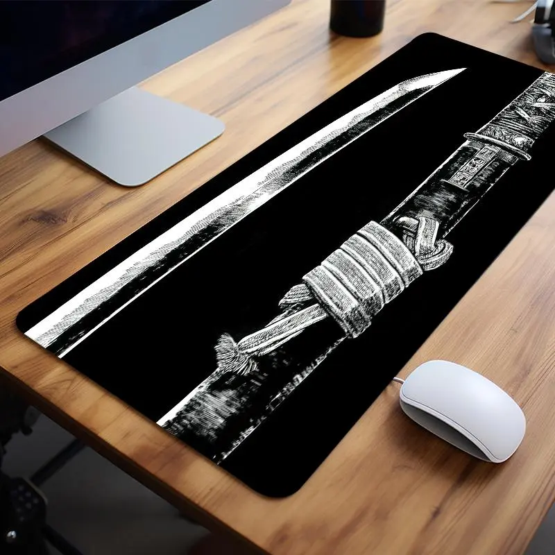 Samurai Sword Art Design Mouse Pad, 1 Count Rectangle Gaming Mouse Pad, Non-Slip Rubber Base Stitched Edge Desk Pad for Home Office, Corporate Work Desk Accessories