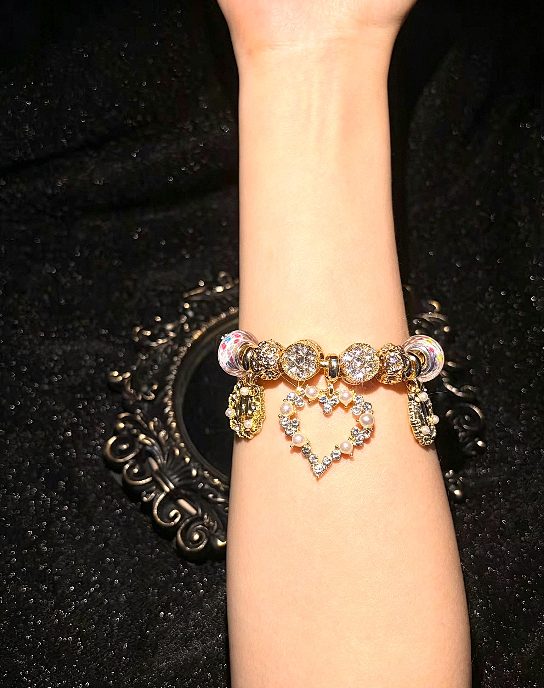 Women’s Elegant Heart Pearl Charm Beaded Bracelet, Bow Rhinestone Pendant Snake Chain Bracelet, Vintage Sparkly Fashion Jewelry Gift for Teen Girls