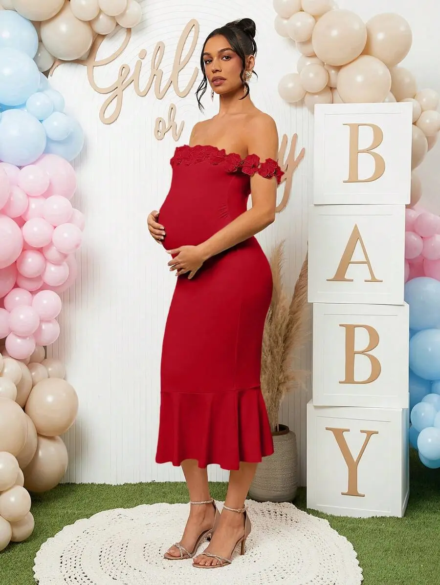 LAFERLIN Maternity Off-Shoulder 3D Floral Dress, Gender Reveal Dress, For Baby Shower Party