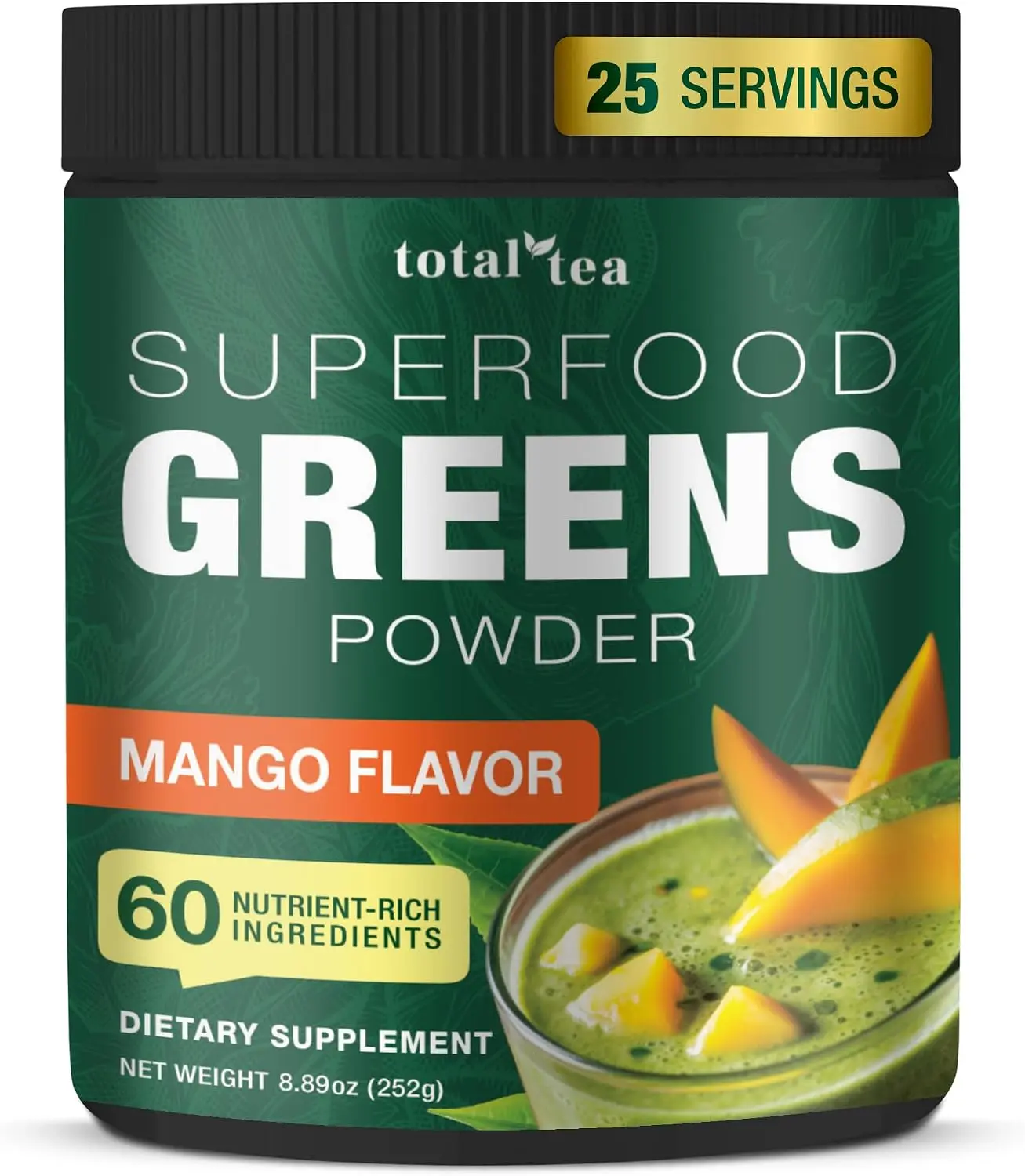 Total Tea Super Greens Powder, Mango-Flavored Spirulina & Chlorella Vegan Superfood | 21 Servings, Fruits & Vegetables, Vitamins, Antioxidants, Energy-Boosting Green Drink Powder for Smoothies