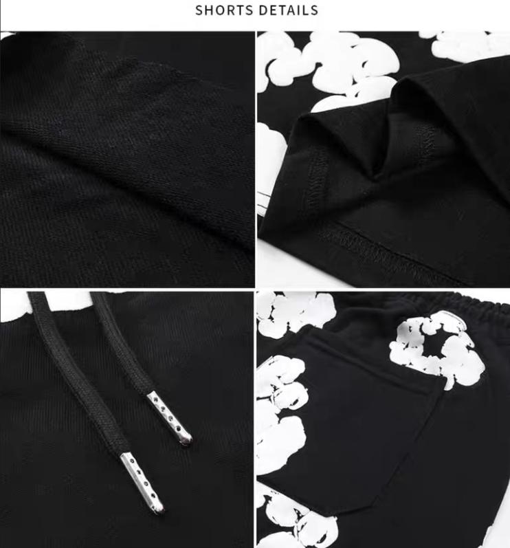 American Trendy Cotton T-Shirt & Slim-Fit Long Pants Hoodies Set Retro Kapok Flower Foamed Print Logo Drawstring Beach Shorts Stretchy Wide Leg Athletic Shorts