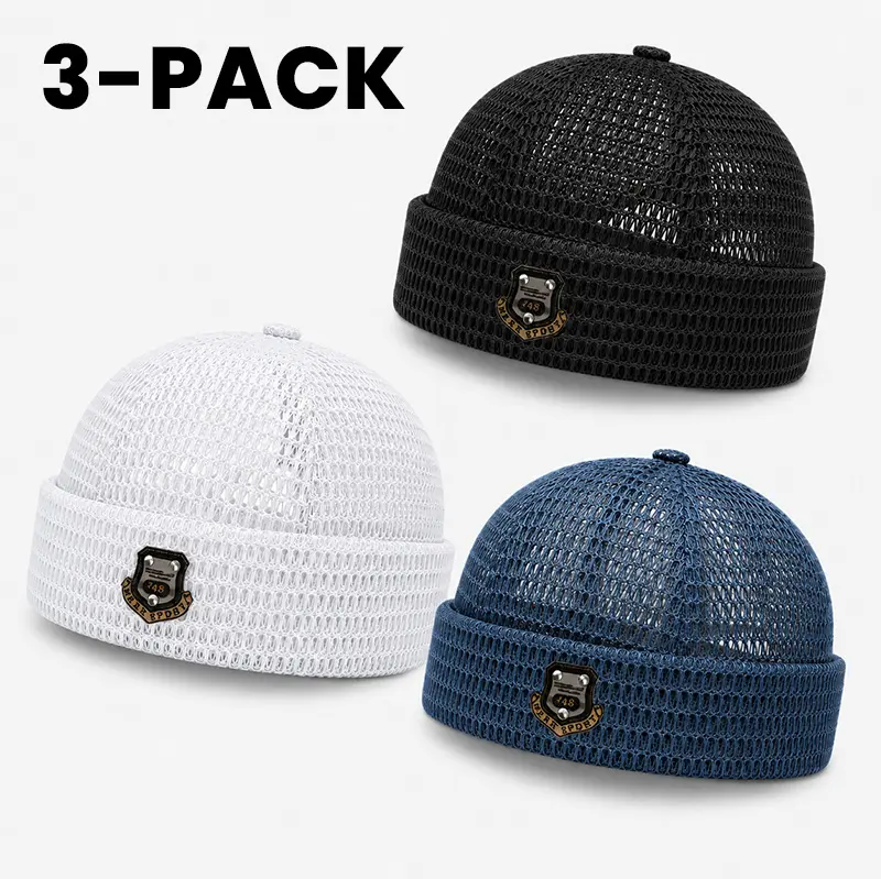 3-Pack Men's Mesh Short Beanies, Lightweight Breathable Hollow-Knit Skull Cap for Summer, Cuffed Street-Style Hat for Gym & Running, Running Errands, Clothes, Casual, Sporty Chic, Mens Hats