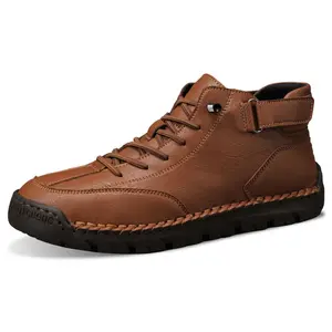 Men's Leather Casual High-Top Sneakers - Above Ankle, Adjustable Velcro Strap, Soft Leather Upper, Non-Slip Sole, Retro Style, Multi-Size Footwear for Daily Commute, Outdoor Strolls | Walking Shoes, Trainer Shoe