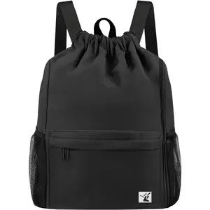 Drawstring Backpack with Mesh Pockets String Gym Bag Sackpack Sandproof Water Resistant Beach Backpack for Men Women