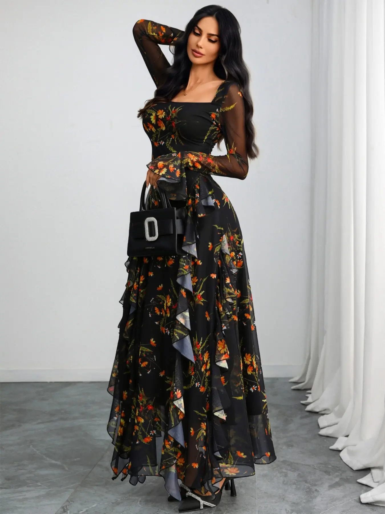 Gothic Sexy Elegant Floral Printed Long Sleeve Square Neck Romantic Skirt Mesh Patchwork Knit Waist Dress Formal Dress Dress Up Gown, All Seasons Fitted Style Womenswear