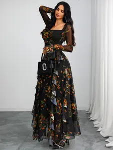 Gothic Sexy Elegant Floral Printed Long Sleeve Square Neck Romantic Skirt Mesh Patchwork Knit Waist Dress, All Seasons Fitted Style