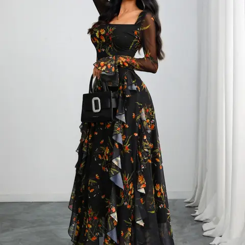 Women's Elegant Fitted Floral Print Long Sleeve Square Neck Dress, Romantic Style Mesh Patchwork Dress, Formal for All Seasons, Evening Dress, Womenswear
