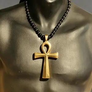 Gold Plated Ankh Pendant Necklace , Black Onyx Beaded Chain, Egyptian Key of Life Symbol, Stainless Steel, Spiritual Protection Jewelry, Boho Tribal Style, Durable & Comfortable, Great for Daily Wear, Parties & Gifting, Tarnish Resistant, Hypoallergenic