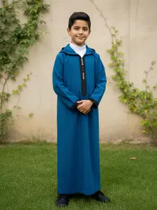 Middle Eastern Muslim Boys' Blue Contrast Hooded Robe, Modest Embroidered Long Sleeve with Side Pockets, Suitable for 8-12 Years, Ramadan Celebration