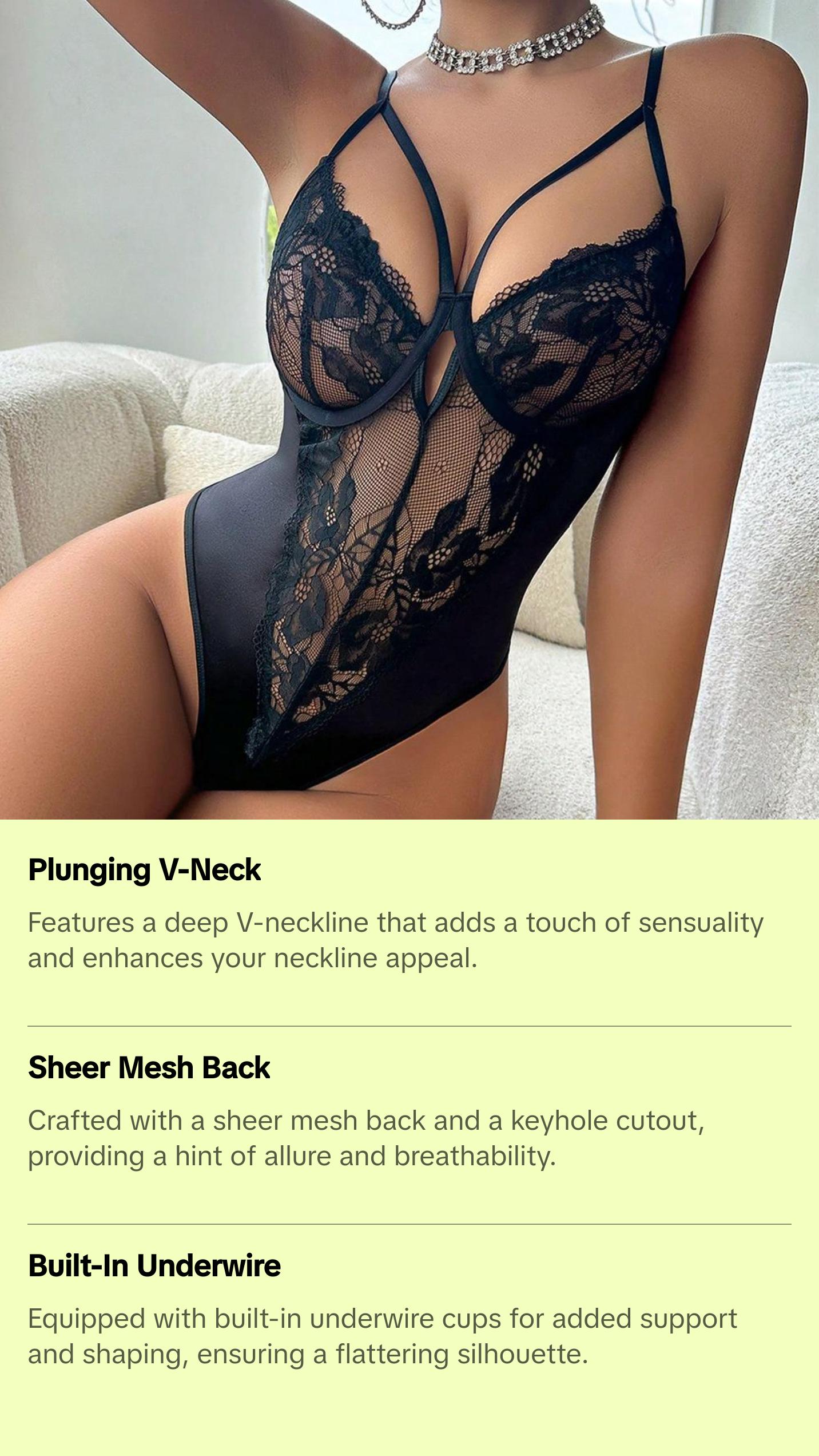 Women's Black Floral Lace Teddy Bodysuit, Plunging V-Neck, Sheer Mesh Back with Keyhole Cutout, Adjustable Straps, Built-In Underwire Cups, Elegant Romantic Lingerie