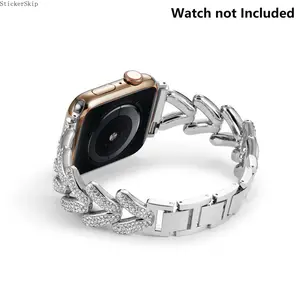 2026  Heart Cuban Apple Watch Band – Bling Crystal Chain Bracelet Strap for Women, High Polish Stackable Jewelry Style Band Fits 38–42mm (Series 10/11/9/8/SE), Luxury Glam Smartwatch Accessory