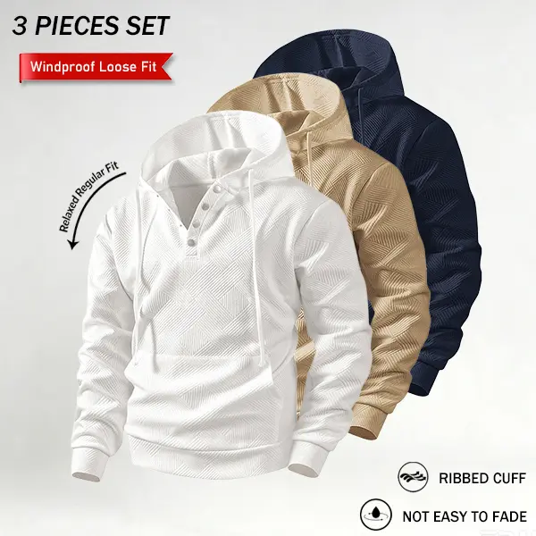 Men’s waffle-textured Henley hoodie, long sleeves with drawstring hood, available in multiple colors, half-zip placket design, loose fit for everyday casual wear Fabric Menswear