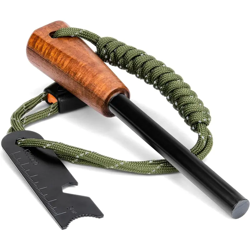 5-Tool Survival Set - Solid Hardwood Handle, 3/8" Thick Ferro Rod with Striker, 50" Rope Lanyard, Wet-Day Igniter, Windproof Lighter, Compact Bushcraft Multitool for Outdoor Camping, Hiking, Fits Backpack or Glovebox