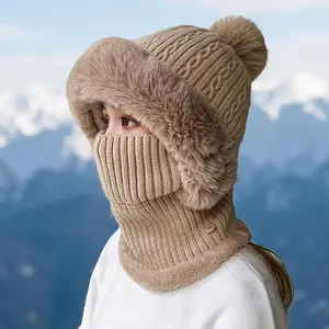 Unisex Knit Beanie Scarf - Plush Stretch One Piece Pom Pom Neck Warmer for Outdoor Sports Winter​