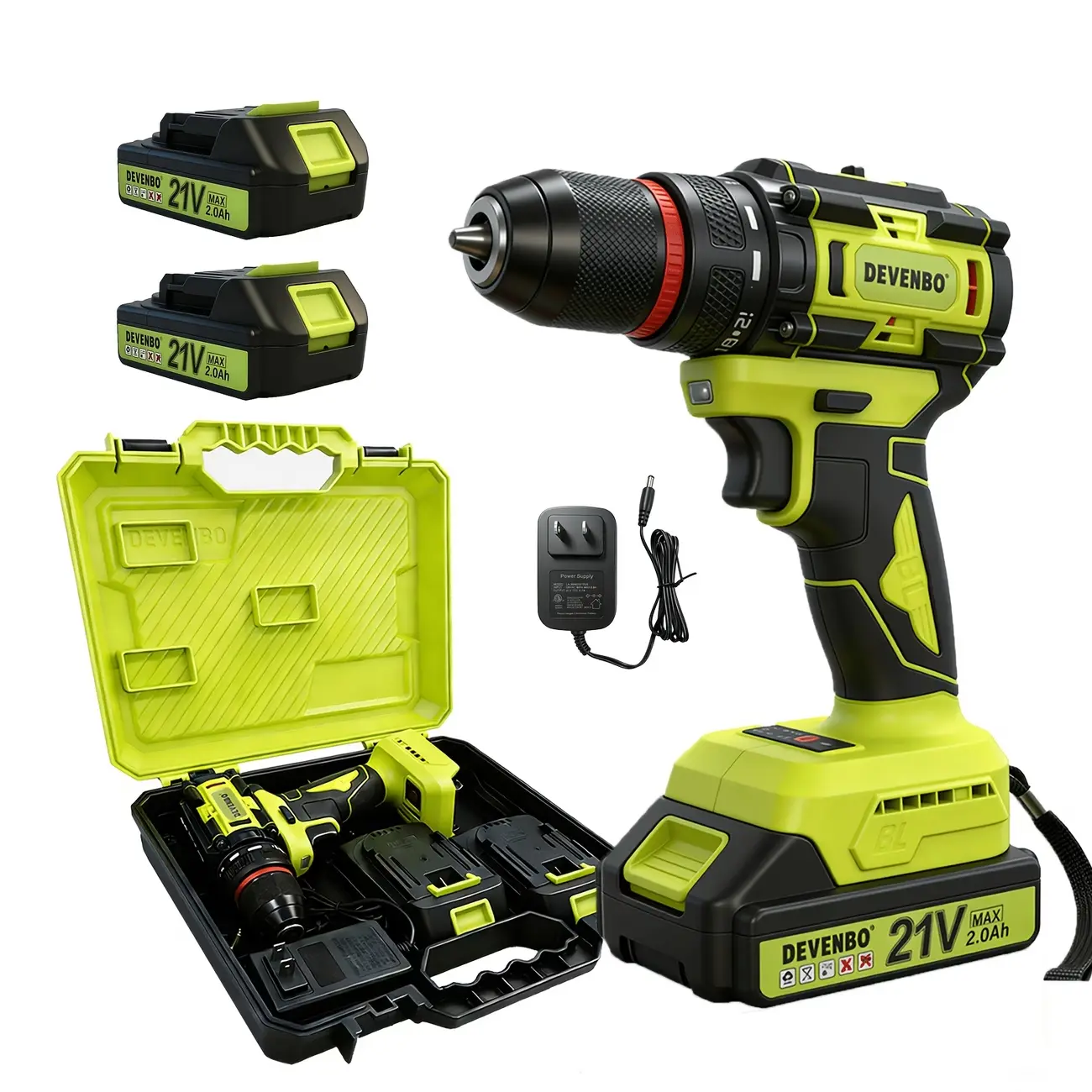 21V Cordless Drill Set, Impact Drill with 3/8 Inch Keyless Chuck, 18+3 Clutch Drill with Work Light, Variable Speed & Fast Charger, Comes with Drill Bit Kit & Storage Case, Ideal for Household Repairs & Gift for Men