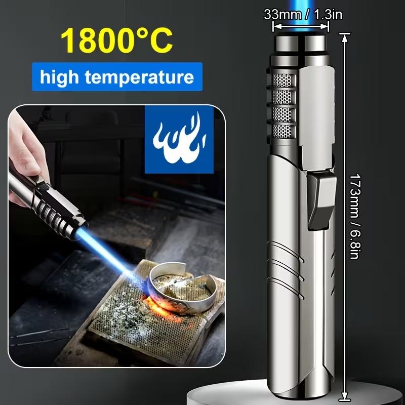 1800°C High-Temperature Windproof Blue Jet Flame Torch Lighter | Refillable Butane Gas Blowtorch, Metal Alloy Body With Adjustable Flame For Welding, Bbq, Camping & Stove Ignition (Butane Not Included), Without Battery
