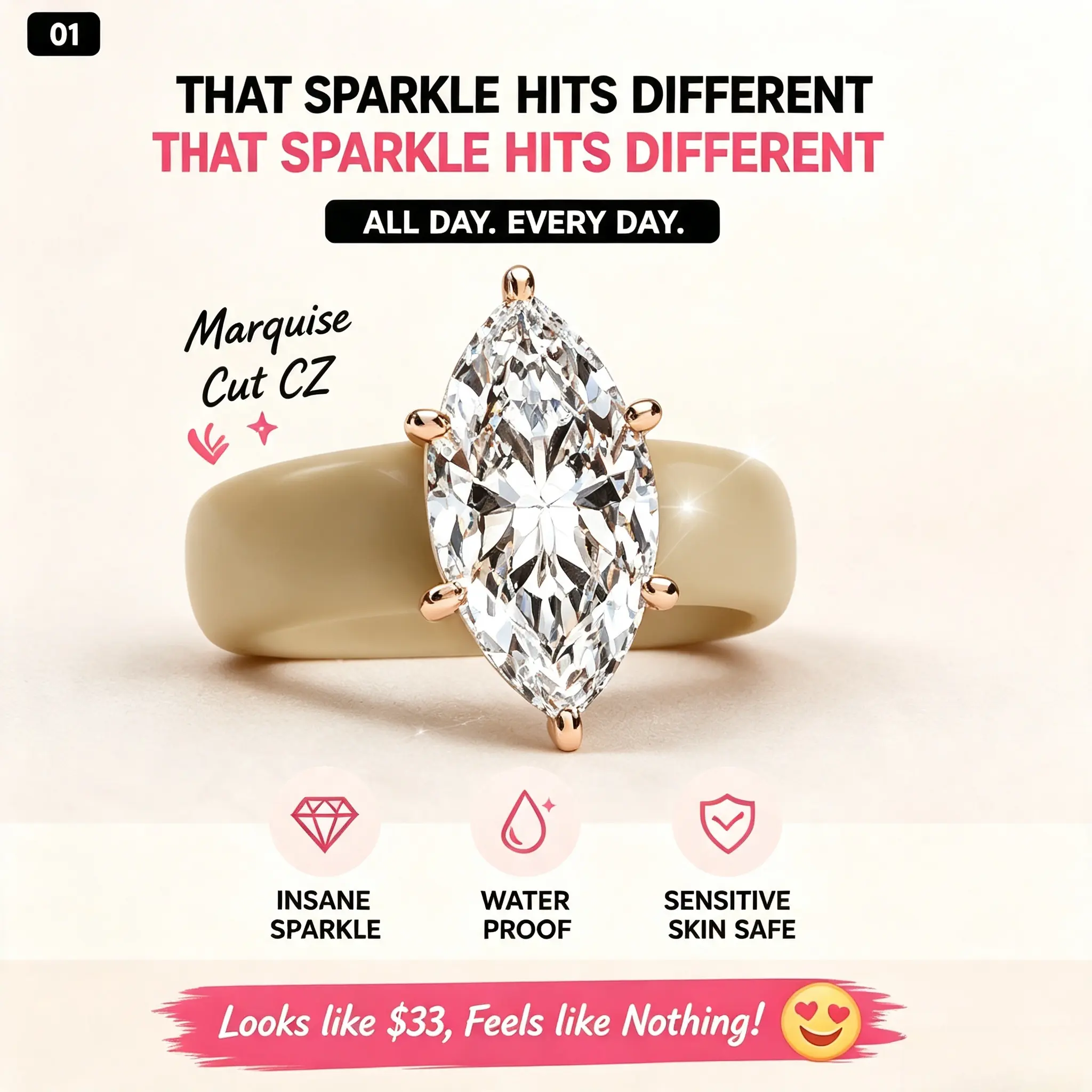Women's Silicone Ring with Large Marquise Cut CZ Stone, Rose Gold Prong Setting, Elegant Comfortable Wedding Band for Sports & Everyday Wear