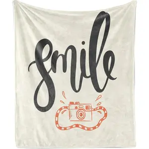 Smile Throw Blanket, Cursive Calligraphy with Retro Camera Photography Themed, Flannel Fleece Accent Piece Soft Couch Cover for Adults, 50" x 60", Eggshell Dark Grey