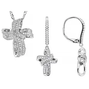 JTV White Cubic Zirconia Rhodium Over Brass Cross Earrings and Pendant Set 1.48ctw