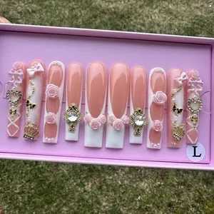 Square Long Length Press On Nails Handmade with Floral Decorations Flawless Look