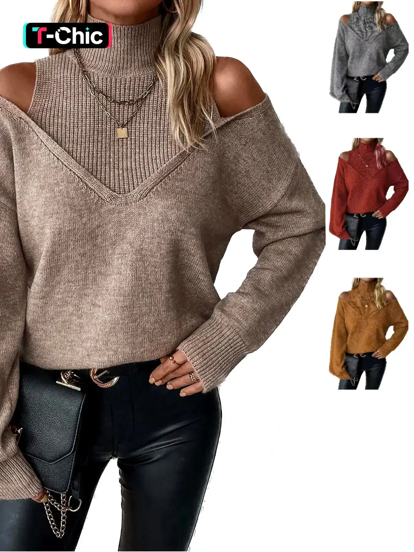 Autumn Winter New Pure Color Loose Simple Fashion Knit Off-Shoulder Long Sleeve High Neck Sweater Knitwear, Soft Comfortable Elegant Casual Knitting Top Womenswear Knit Sweater Tops