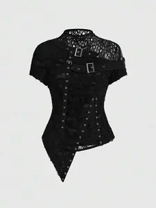 SHANIAH Sexy Black Ripped Floral Mesh Patchwork Asymmetric Punk Goth Style Top, Summer Goth Clothes