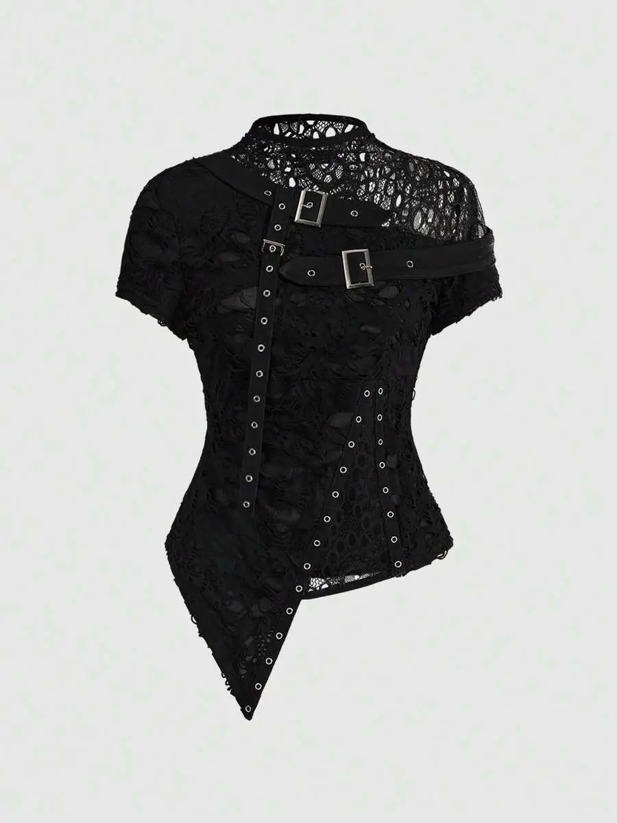 SHANIAH Sexy Black Ripped Floral Mesh Patchwork Asymmetric Punk Goth Style Top, Summer Goth Clothes