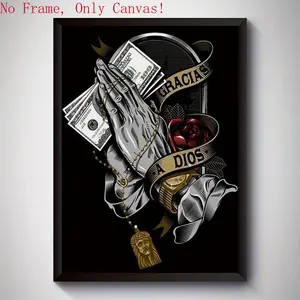 Inspirational Money-Themed Canvas Art Poster Board,Prayer Hands with Cash and Rose Design - Unframed Decor Ornaments Wall Decoration Room Print