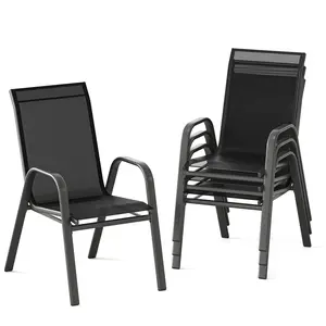 GAOMON Patio Chairs Set of 4, Outdoor Stackable Dining Chairs with Textilene Fabric, All-Weather Deck Stacking Chairs with High Back for Backyard Poolside Garden Balcony, Black