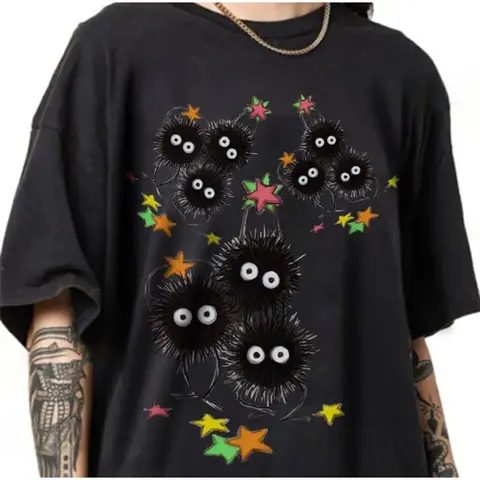 Studio Ghibli Soot Sprites Totoro Graphic T-Shirt - Baggy Round Neck Cotton Tee, Aesthetic Streetwear Top for Anime Fans, Women's Casual Sports Tops
