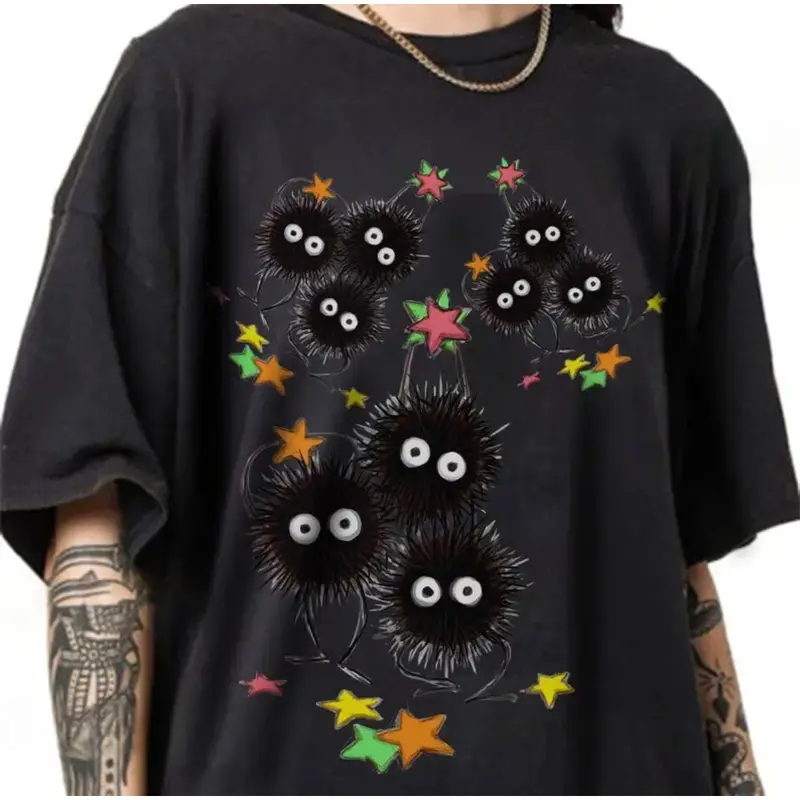 Studio Ghibli Soot Sprites Totoro Graphic T-Shirt - Baggy Round Neck Cotton Tee, Aesthetic Streetwear Top for Anime Fans, Women's Casual Sports Tops